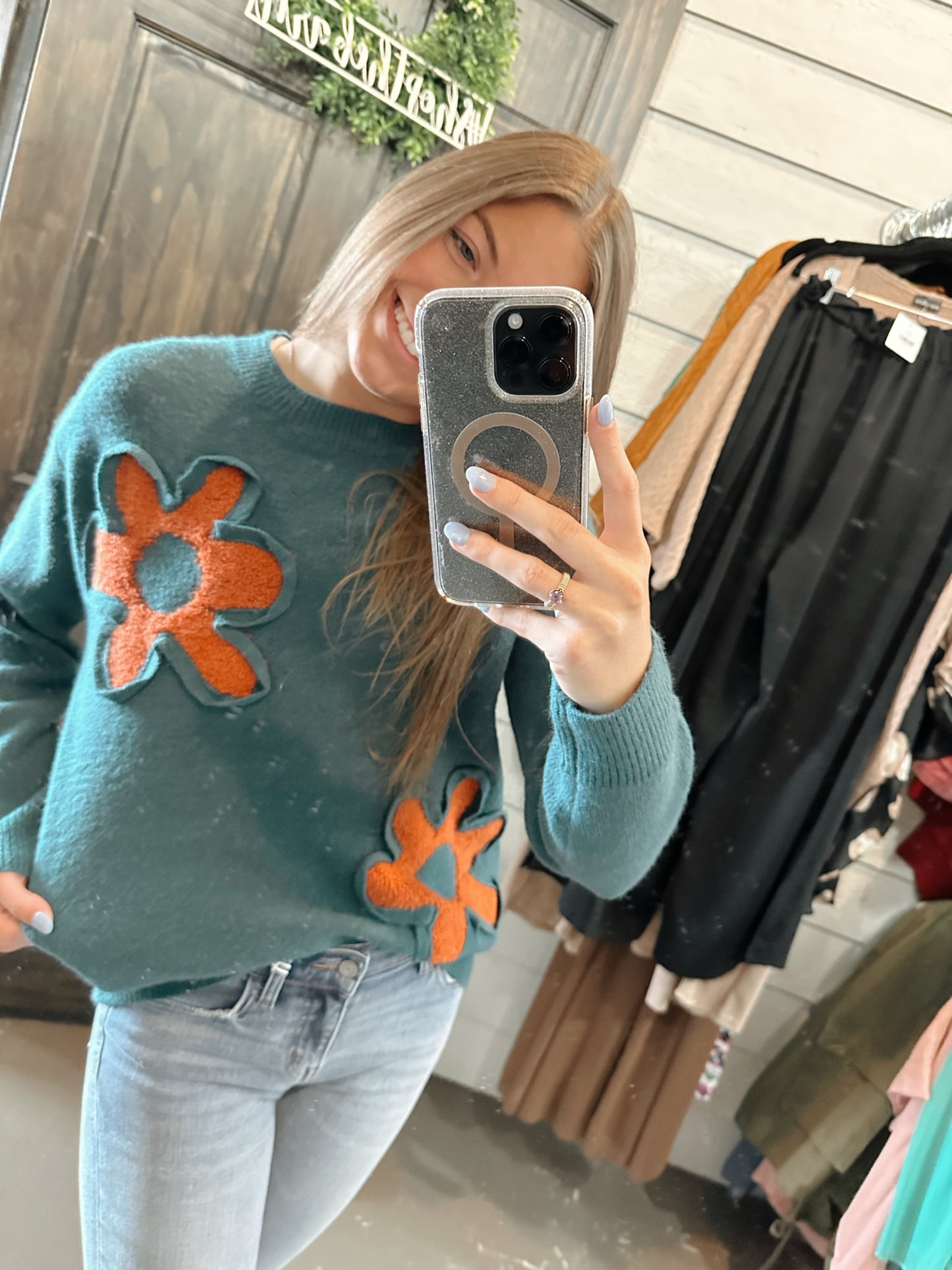 Teal floral Knit sweater
