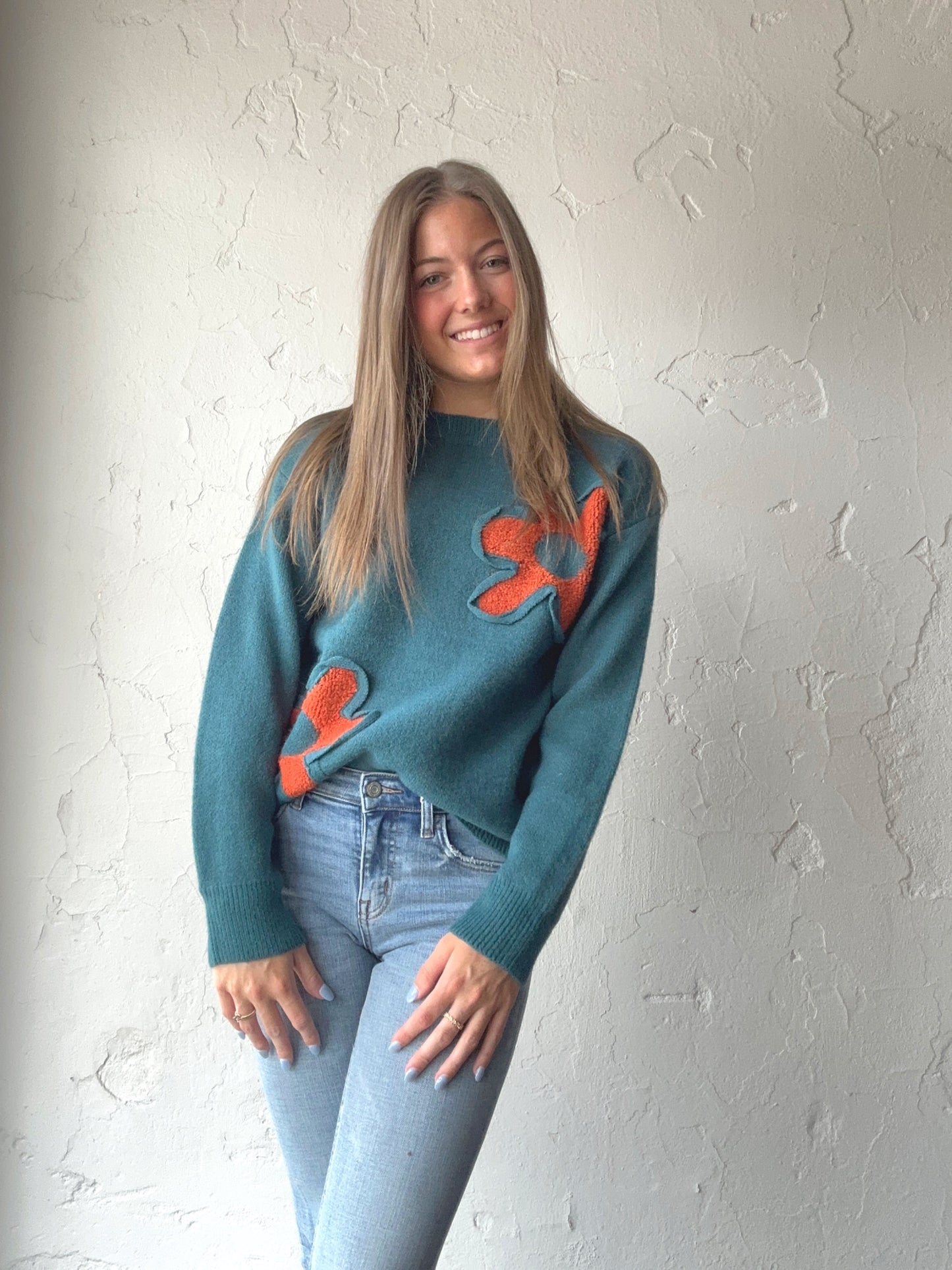 Teal floral Knit sweater