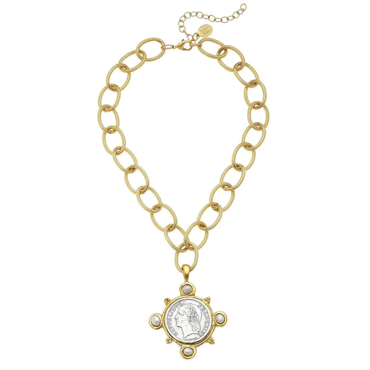 Susan Shaw French Coin + Freshwater Pearl Necklace
