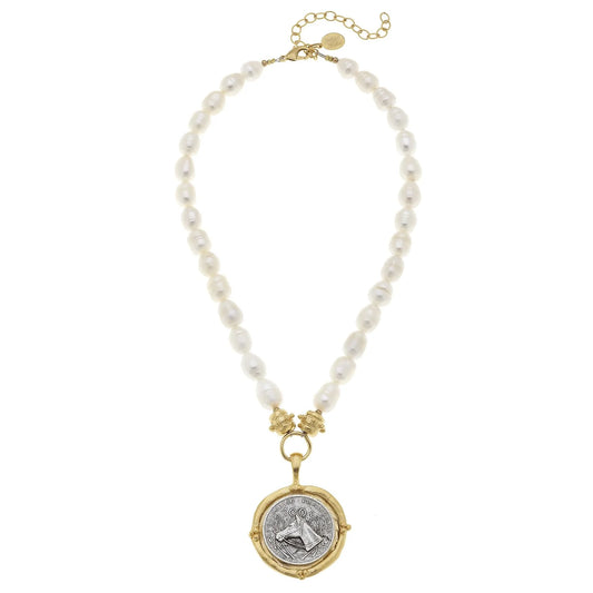 Susan Shaw Gold and Silver Horse Coin Necklace with Pearls