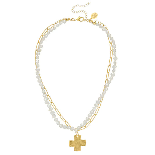 Susan Shaw Piper Pearl Layered Cross Necklace