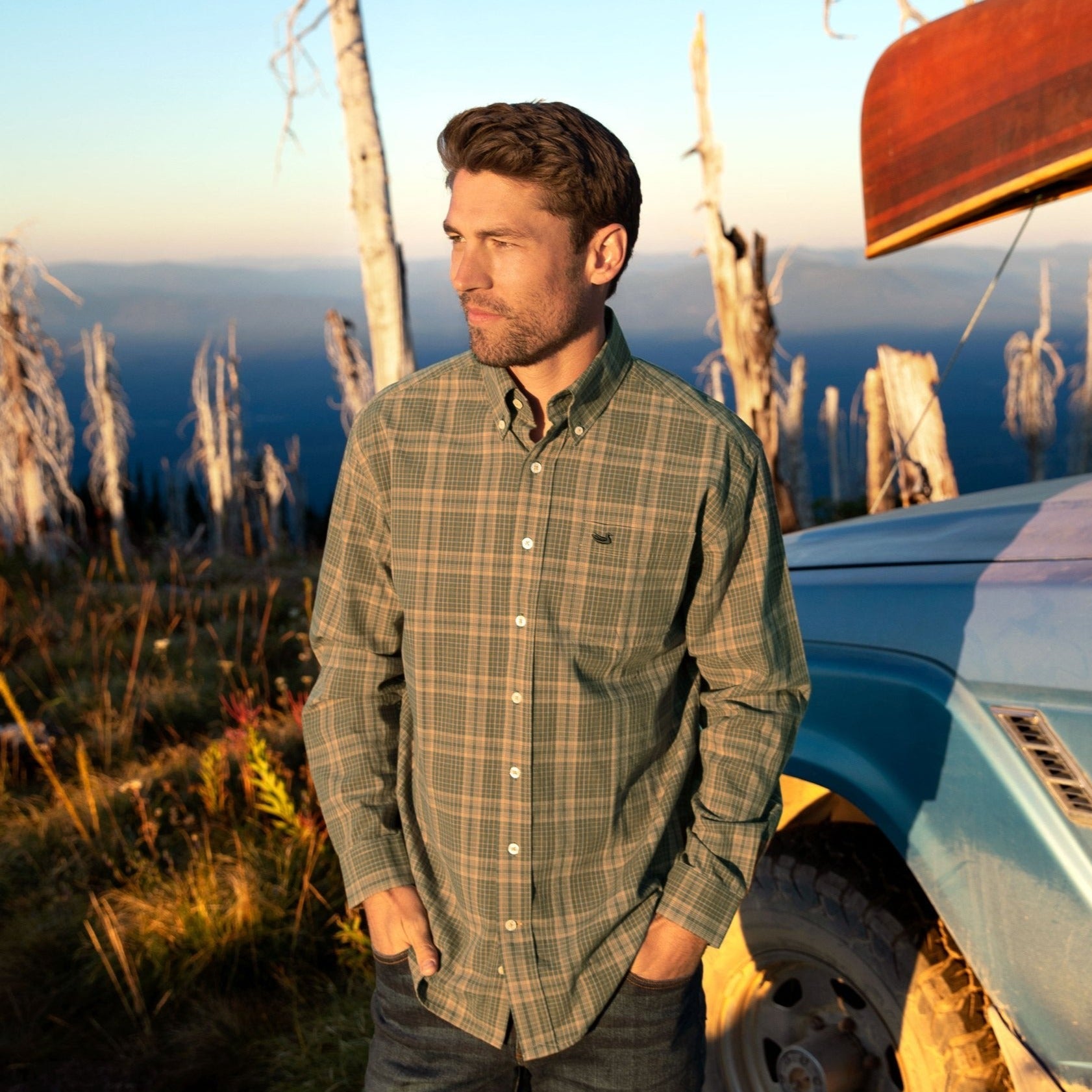 Southern Marsh Verret Washed Check Dress Shirt – Navy & Olive Plaid, Button-Down Collar