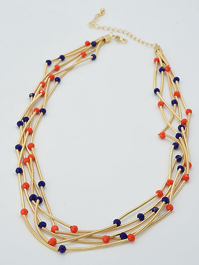 Gold Multi-Strand Necklace With Orange and Blue Beads