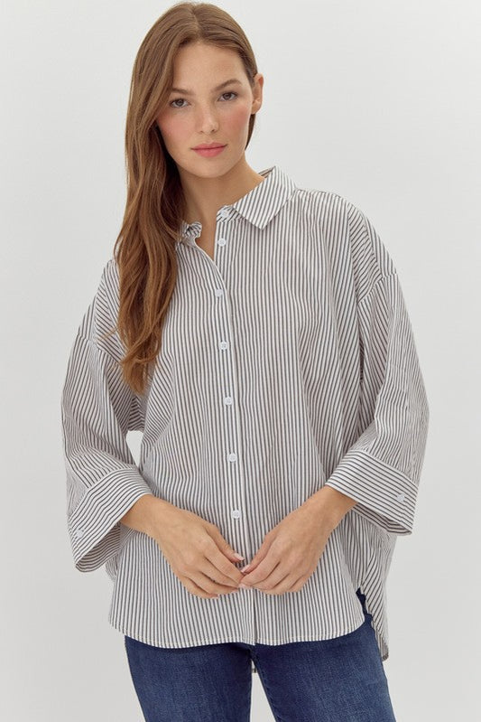 Stripe Quarter Sleeve Button Up