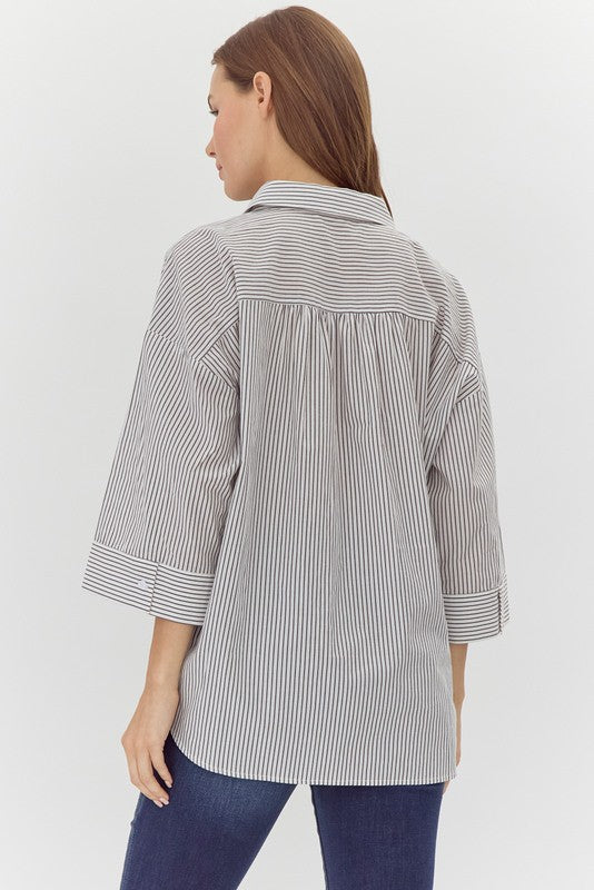 Stripe Quarter Sleeve Button Up