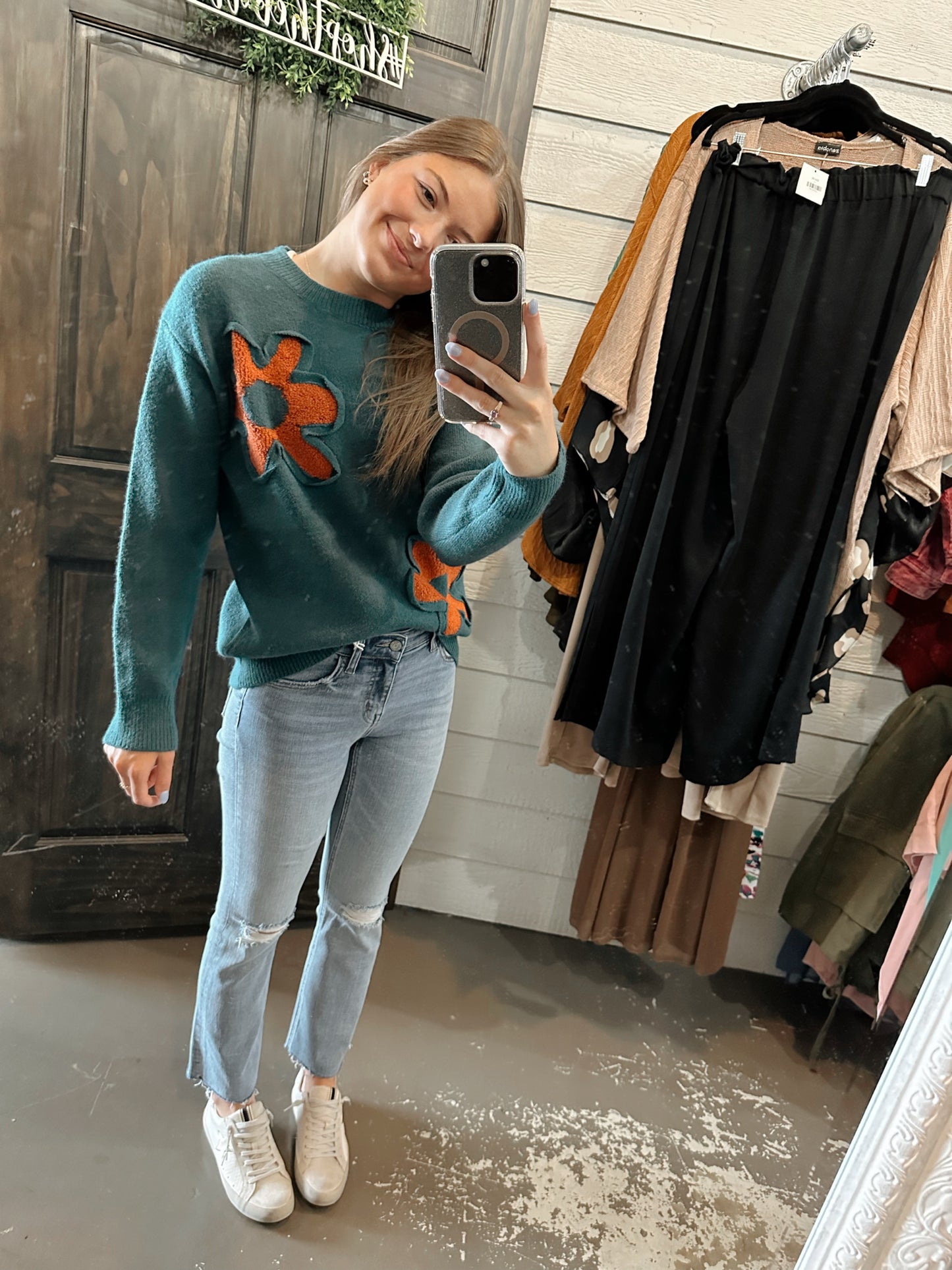 Teal floral Knit sweater