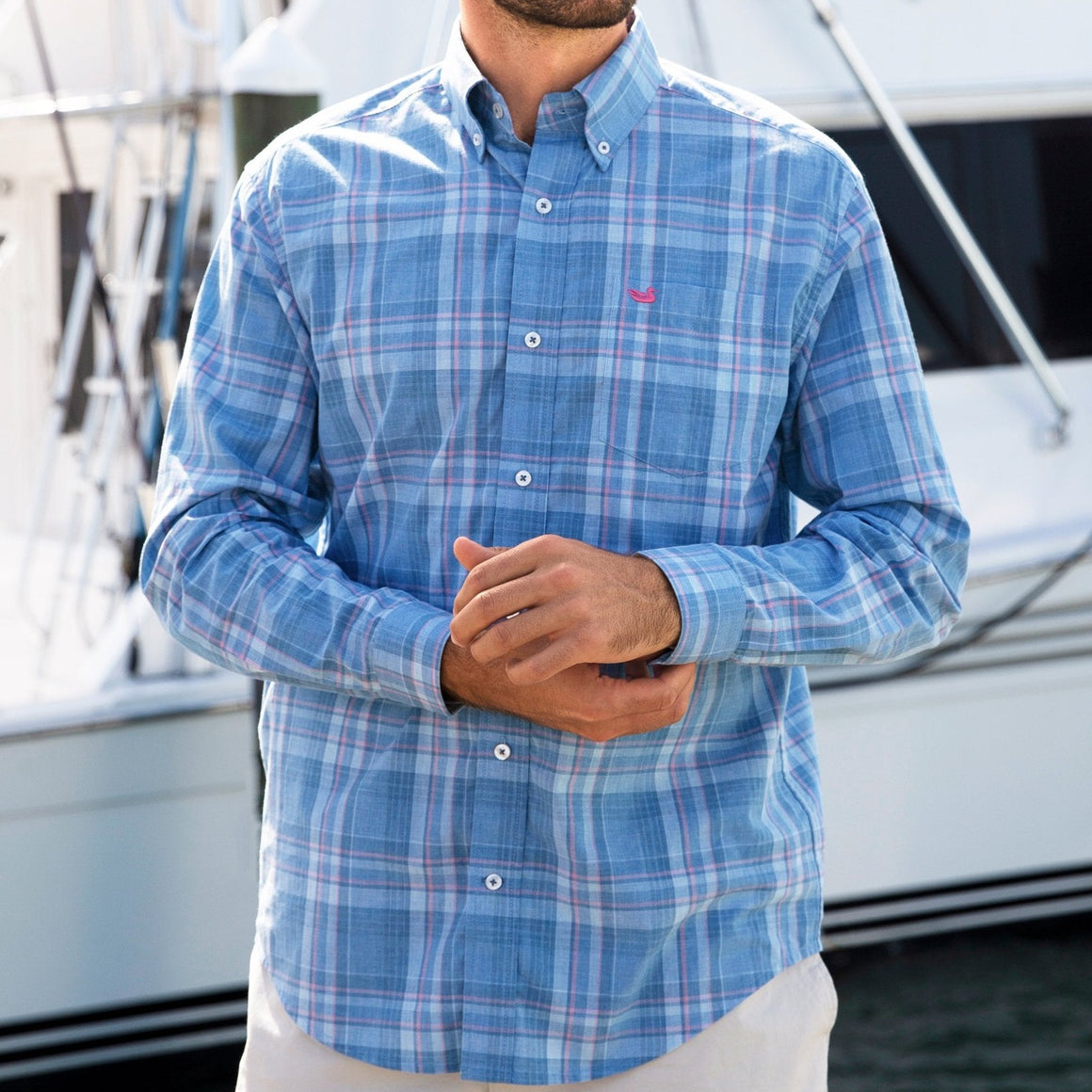 Southern Marsh Potomac Relaxed Plaid Dress Shirt- Coral and Lilac