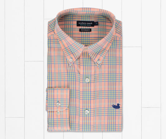 southern marsh Caicos Performance Dress Shirt- Peach and Mint