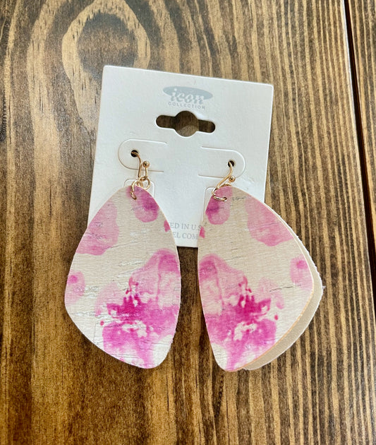 Pink and White Watercolor Leather Earrings