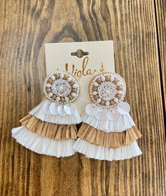 White and Tan Bead and Tassel Earring