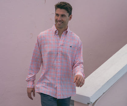 Southern marsh Hartsville Plaid Dress Shirt- Coral/Light Blue