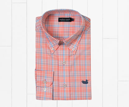 Southern marsh Hartsville Plaid Dress Shirt- Coral/Light Blue